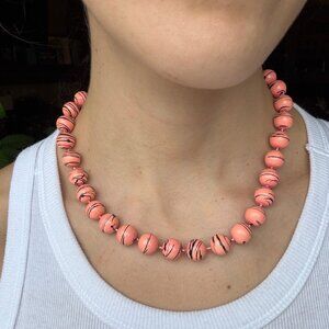 Vintage Mid-Century Peach Pink Marbled Beaded Necklace - 18"